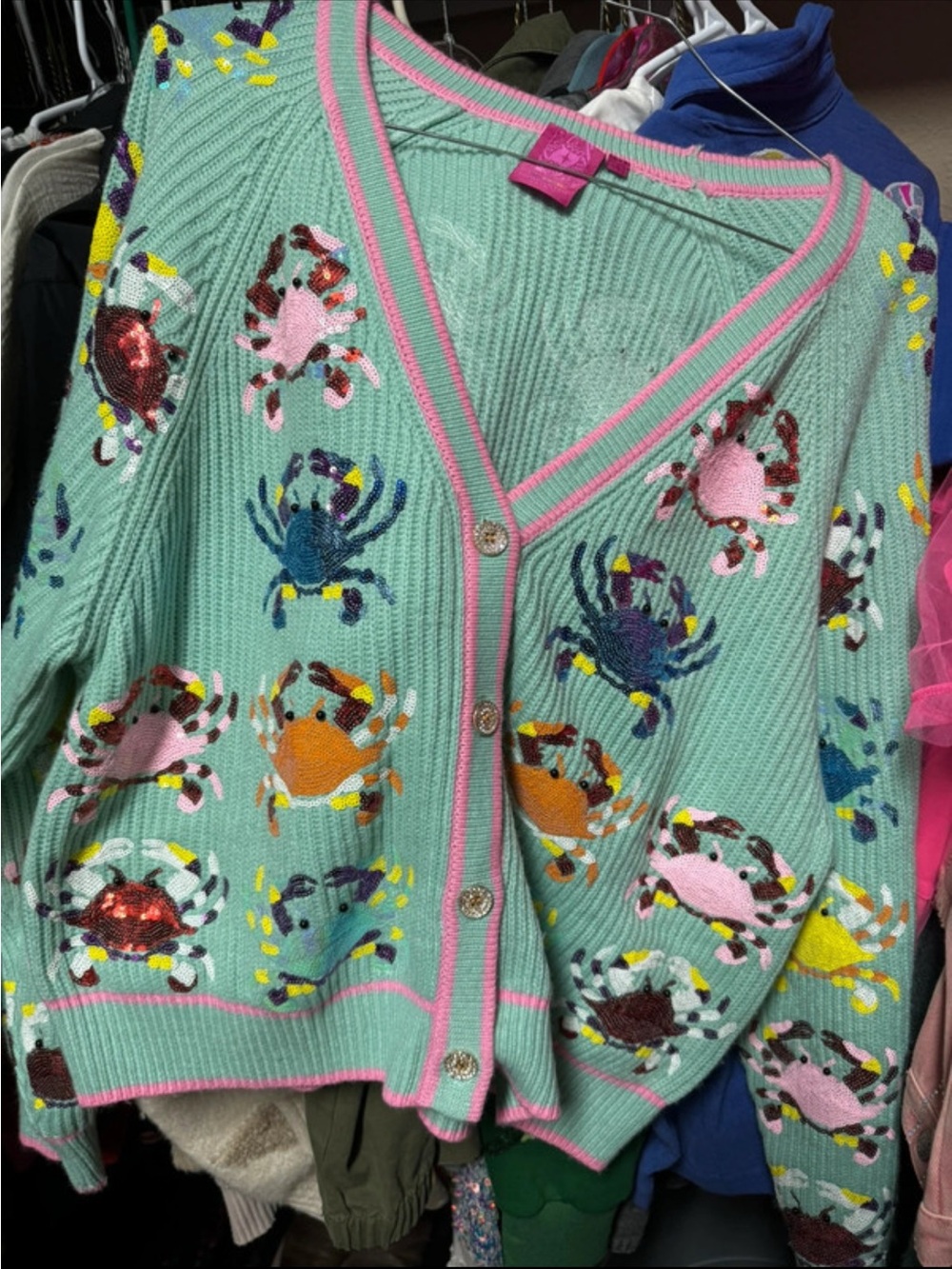 QUEEN OF SPARKLES Mint Green Crab Embroidered Cardigan with Pink Trim
